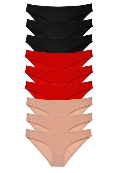 9 adet Süper Eko Set Likralı Kadın Slip Külot Siyah Kırmızı Ten ürün görseli 1