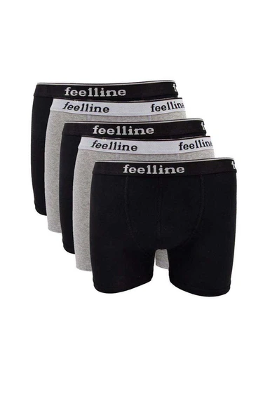 5 adet Feelline Siyah ve Gri Pamuklu Doğal Likralı Erkek Boxer ürün görseli 1
