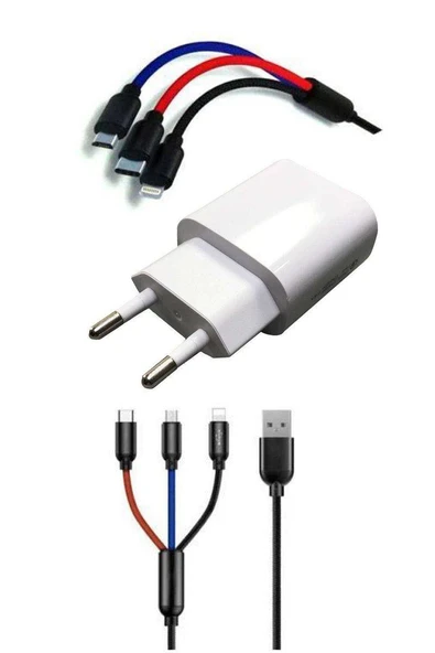 Çoklu Hızlı Şarj Kablosu ve Hızlı Şarj Soketi Type-C Mikro İphone Uyumlu 1.2 Metre 3A ürün görseli 1