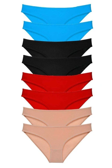 8 adet Süper Eko Set Likralı Kadın Slip Külot Siyah Kırmızı Ten Mavi ürün görseli 1