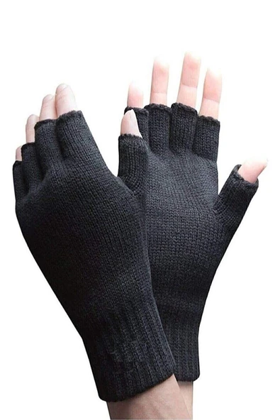 Yarım Parmak Kesik Siyah Eldiven Unisex 1 Çift Sıcak Tutan Yün Kışlık Kadın Erkek ürün görseli 1
