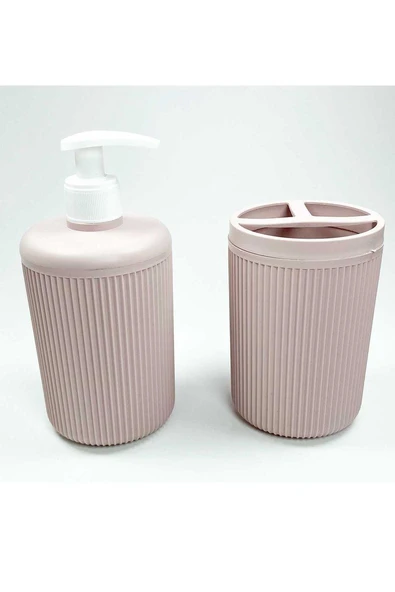 Plastik Sıvı Sabunluk ve Diş Fırçalık Set Renk Pudra ürün görseli 1