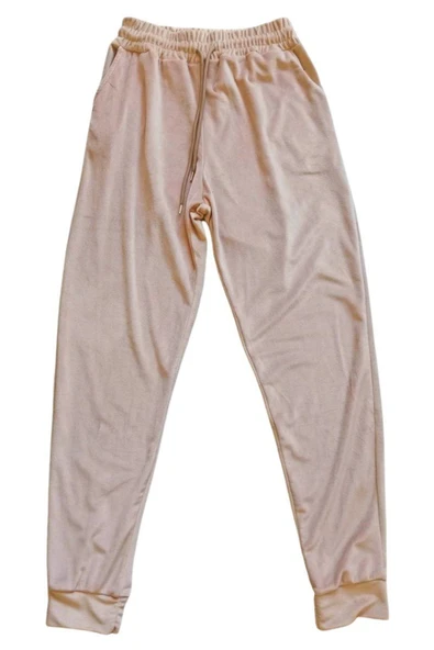 Parlak Kadife Cepli Pantolon Eşofman Pijama Altı Unisex Lastikli Paça Bej ürün görseli 1