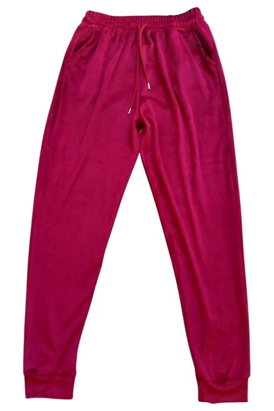 Parlak Kadife Cepli Pantolon Eşofman Pijama Altı Unisex Lastikli Paça Bordo ürün görseli 1