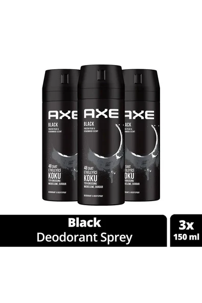 3 Adet Axe Erkek Deodorant & Bodyspray Black 48 Saat Etkileyici Koku Vücut Spreyi 150 ml ürün görseli 1