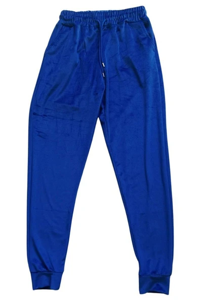 Parlak Kadife Cepli Pantolon Eşofman Pijama Altı Unisex Lastikli Paça Mavi ürün görseli 1