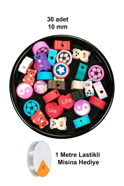 30 Adet 10 mm Polimer Kil Fimo Boncuk Takı Bileklik + 1 Metre Lastikli Misina Hediye - Karışık Renkli ürün görseli 1