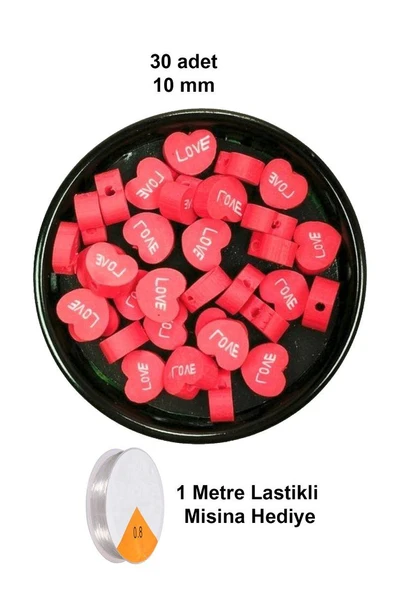 30 Adet 10 mm Polimer Kil Fimo Boncuk Takı Bileklik + 1 Metre Lastikli Misina Hediye - Kalp Love ürün görseli 1