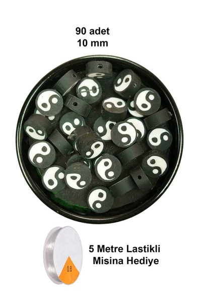 90 Adet 10 mm Polimer Kil Fimo Boncuk Takı Bileklik + 5 Metre Lastikli Misina Hediye - Yin Yang ürün görseli 1