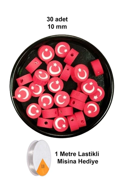 30 Adet 10 mm Polimer Kil Fimo Boncuk Takı Bileklik + 1 Metre Lastikli Misina Hediye - Türk Bayrağı ürün görseli 1