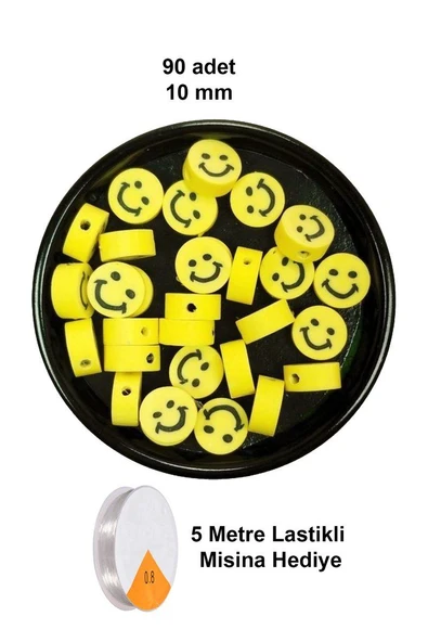 90 Adet 10 mm Polimer Kil Fimo Boncuk Takı Bileklik + 5 Metre Lastikli Misina Hediye - Gülen Yüz Smile ürün görseli 1
