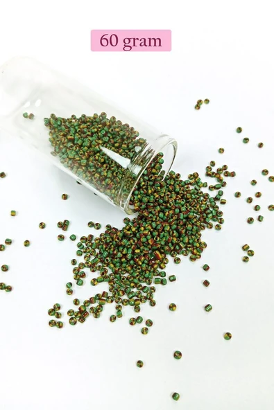 Dökme Cam Kum Boncuk (11/0) 2 mm - 60 Gram -  Yeşil Sarı Çizgili - BNC041 ürün görseli 1