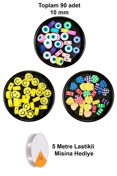 90 Adet 10 mm Polimer Kil Fimo Boncuk Takı Bileklik + 5 Metre Misina Hediye - Smile - Kalp - Nazar ürün görseli 1