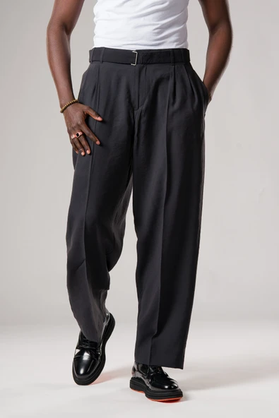 Çift Pileli Yazlık Modal Kumaş Beli Kemerli Geniş Paça Baggy Pantolon ürün görseli 1