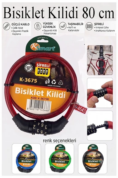 Şifreli Bisiklet Kilidi 80 cm 1 Adet K-3675 Çelik Halat Plastik Kaplamalı Bisiklet Kiliti Scooter Kapı Şifreli Kilit ürün görseli 1