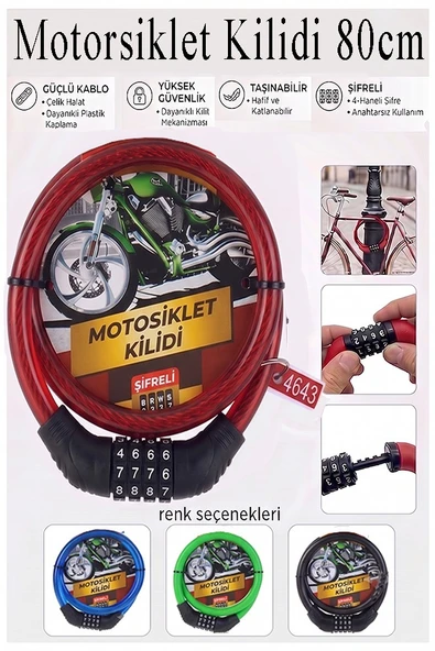 Şifreli Motosiklet Kilidi 80 cm 1 Adet K-3682 Çelik Halat Plastik Kaplamalı Bisiklet Kiliti Motorsiklet Scooter Kapı ürün görseli 1