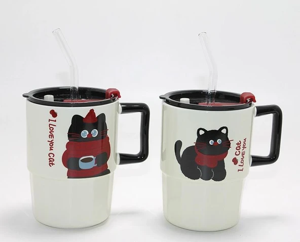 Sevimli Şaşkın Kedi Figürlü Pipetli Kapaklı Porselen Kupa Bardak Alk5042 ürün görseli 1
