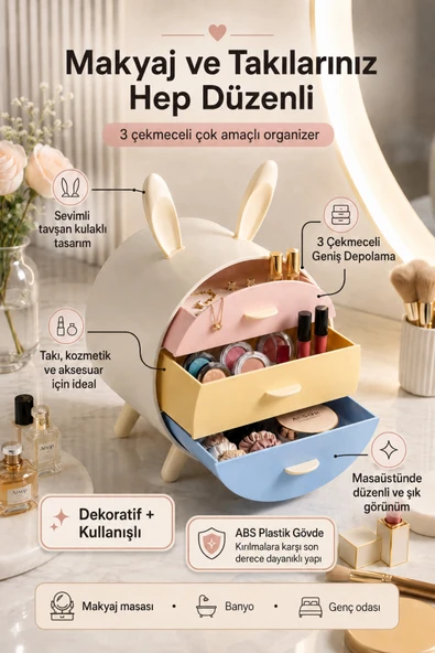 Tavşan Kulaklı Makyaj ve Takı Organizeri 3 Çekmeceli Masaüstü Kozmetik Düzenleyici Pastel Renkli Makyaj Organizeri ürün görseli 1