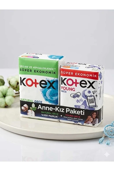 KOTEX NATUREL GECE  KOTEX YOUNG GECE  14+16  ANNE KIZ PAKETİ ürün görseli 1