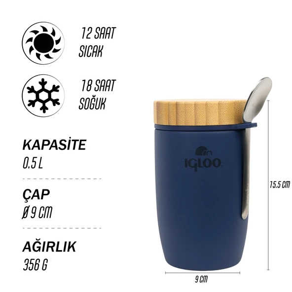 Igloo Bamboo Yemek Termosu 500ml-LACİVERT - Resim 3