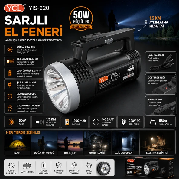 YCL YIS-220 50W Şarjlı El Feneri ürün görseli 1