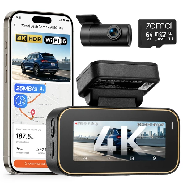 70mai A810 Lite Dashcam Ön Arka, 4K Dashcam 2160P+1080P, 64GB Kartlı, 24 Saat Park İzleme, 4G LTE Uzaktan Erişim Destekli, Acil Durum Ön Kayıt, G-Sensor, Gece Görüşü HDR, F1.55, 5GHz WiFi ürün görseli 1