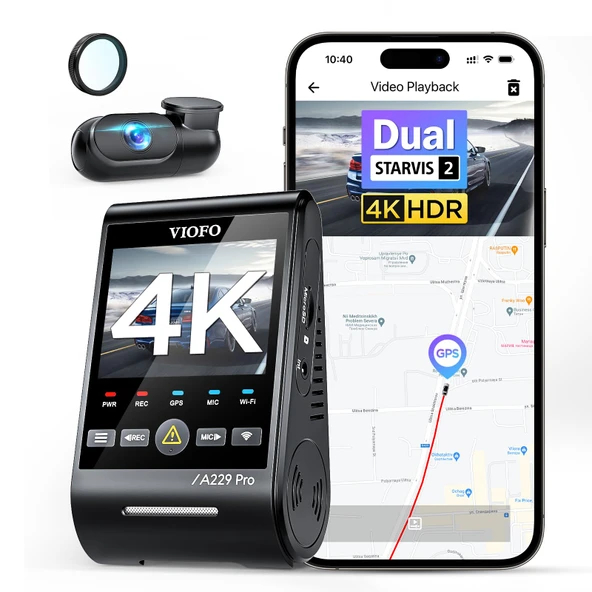 VIOFO A229 Pro 4K + 2K Çift STARVIS 2, HDR Ön Arka Araç Kamerası, Ses Kontrolü ve 5 GHz Wi-Fi WiFi Araç Kamerası, CPL Filtreli Ultra Hassas GPS, Süper Gece Görüşü 2.0, Ses Çıkışı, 512 GB'a kadar Maks. ürün görseli 1
