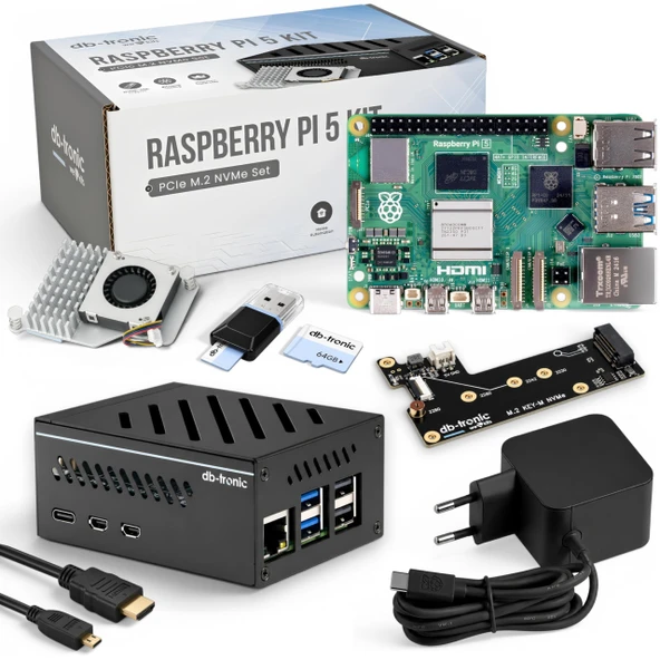 db-tronic Raspberry Pi 5 8GB PCIe M.2 NVMe Seti | 64GB Sürümü | Güç kaynağı 27W | Metal kasa | Aktif Soğutucu | M.2 NVMe SSD PCIe Kartı | Akıllı Ev, Retro Oyun ve Ev Asistanı için İdeal ürün görseli 1