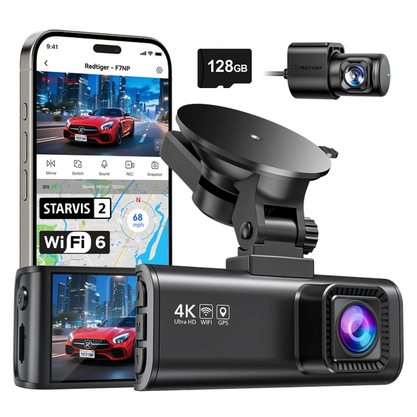 REDTIGER Araç Kamerası Araç Ön Arka 4K/2.5K, STARVIS 2 ile, Araç Kamerası Araç Kamerası 3,18" IPS Ekran, Ücretsiz 128 GB Kart, 5,8 GHz WiFi, GPS, 170° Geniş Açı WDR, 512 GB Maksimum Desteği (F7NP) ürün görseli 1