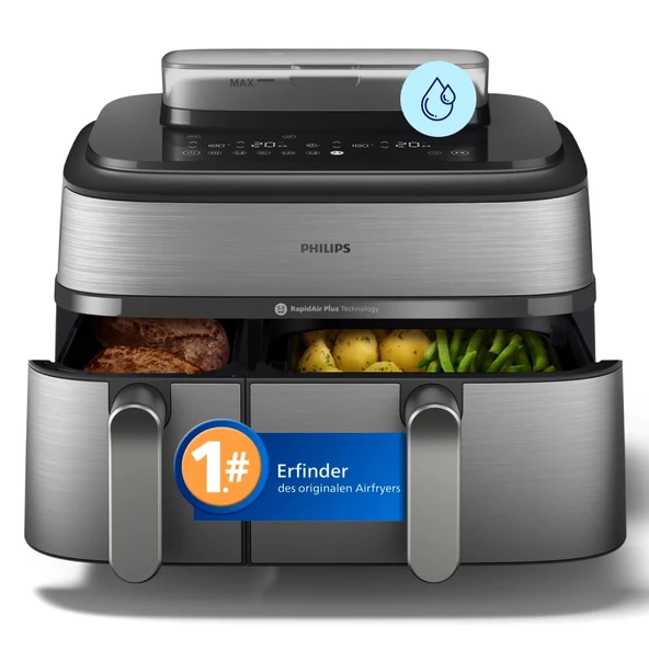 Philips Steam Airfryer 5000 Serisi Çift Sepetli Sıcak Hava Fritözü, Buhar Fonksiyonlu ve 2 Sepet - Steam, Airfry, SteamFry, 9L (3L+6L), RapidAir Plus, Otomatik Buharlı Temizleme (NA555/00) ürün görseli 1