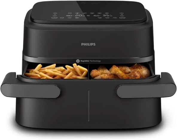 Philips Airfryer 1000 Serisi Esnek Sepet - 7,1 L kapasiteli sıcak hava fritözü, RapidAir teknolojisi, 10 pişirme fonksiyonu, %90 daha az yağ, kompakt tasarım, HomeID tarif uygulaması (NA154/00) ürün görseli 1