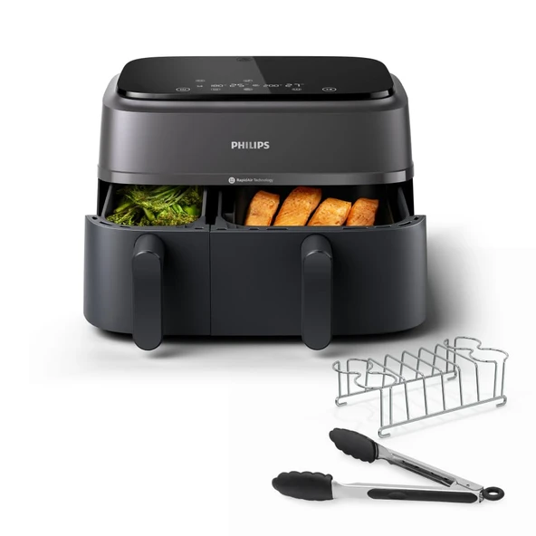 Philips Airfryer 3000 Serisi İkili Sepet, 2 sepetli sıcak hava fritözü ve kahvaltı seti, 9 L, RapidAir Plus teknolojisi, %90 daha az yağ, enerji tasarruflu, HomeID uygulaması (NA350/03) ürün görseli 1