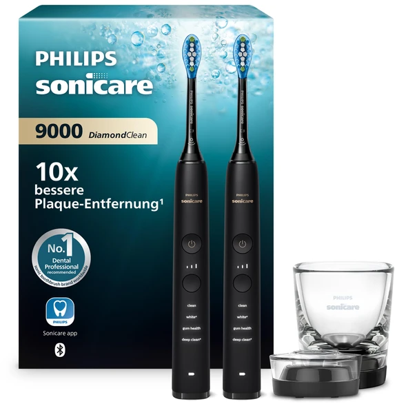 Philips Sonicare DiamondClean 9000 elektrikli diş fırçası, uygulamalı sonic diş fırçası, basınç kontrolü, 4 fırçalama modu, 3 yoğunluk seviyesi, şarj camı, siyah, ikili paket, HX9914/54 ürün görseli 1