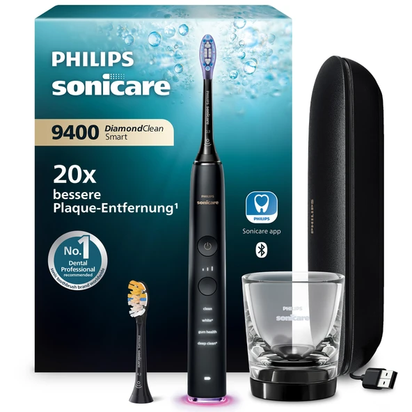 Philips Sonicare DiamondClean Smart 9400 elektrikli diş fırçası, uygulamalı sonik diş fırçası, basınç sensörü, fırça başlığı algılama, 4 fırçalama modu ve 3 yoğunluk seviyesi, siyah, model HX9917/89 ürün görseli 1
