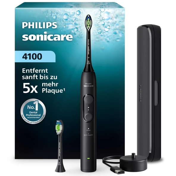 Philips Sonicare Series 4100 Elektrikli Diş Fırçası - Basınç Sensörlü Sonic Diş Fırçası, 4 Fırçalama Ayarı, EasyStart, SmarTimer, 21 Günlük Çalışma Süresi, Seyahat Çantası, Siyah, HX4044/52, [Yeni] ürün görseli 1