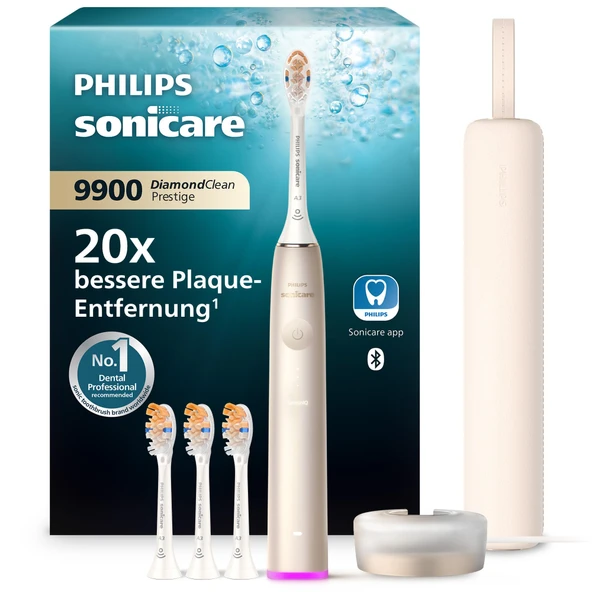 Philips Sonicare DiamondClean 9900 Prestige elektrikli diş fırçası, SenseIQ teknolojisi ve uygulamasıyla, 5 fırçalama modu, 3 yoğunluk seviyesi, seyahat şarj kutusu, şampanya, model HX9992/44 ürün görseli 1