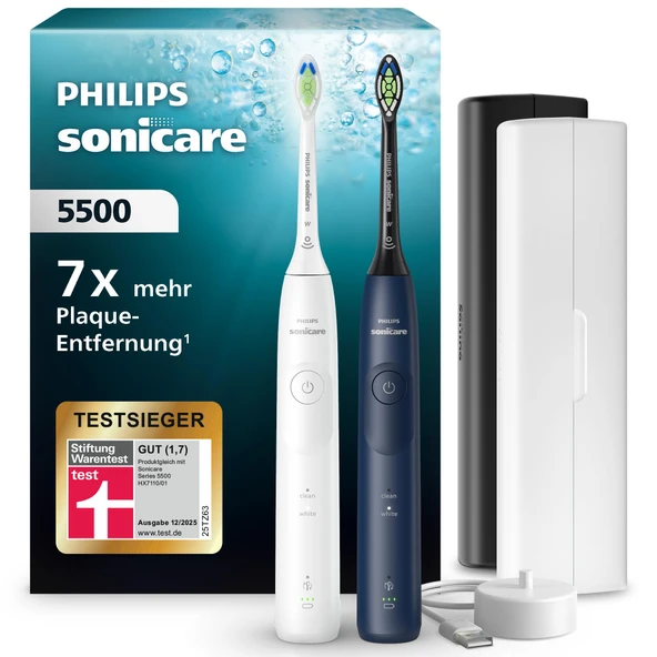 Philips Sonicare 5500 Elektrikli Diş Fırçası, 2 Fırçalama Modlu Sonic Diş Fırçası, Basınç Kontrolü, EasyStart, SmarTimer ve BrushPacer, Beyaz ve Lacivert, 2'li Paket, Model HX7119/01 [Yeni Teknoloji] ürün görseli 1
