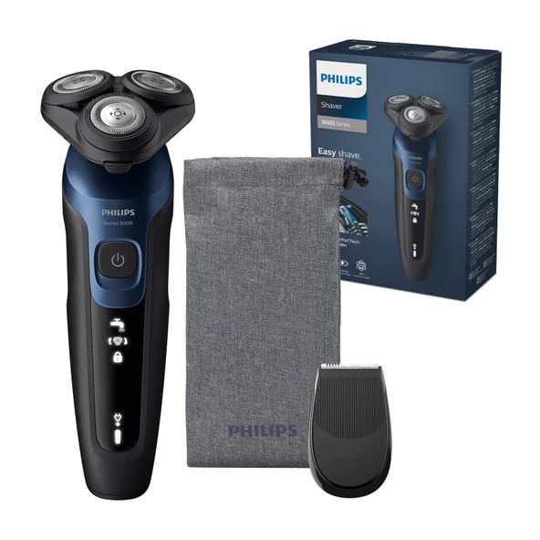 Philips Shaver 5000 - Erkekler için Elektrikli Tıraş Makinesi: Hassas Düzeltici ve Yumuşak Taşıma Çantasıyla Metalik Mavi Islak ve Kuru Tıraş (Model S5465/18) ürün görseli 1