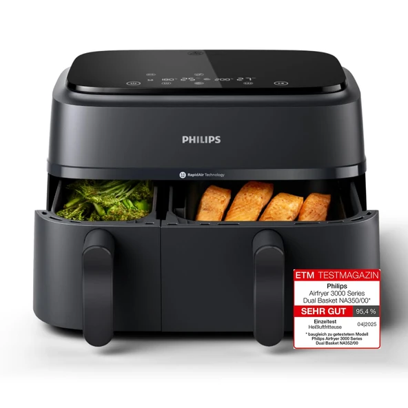 Philips Airfryer Dual Basket 3000 Serisi sıcak hava fritözü, 9 L, 2 sepet, aynı anda 2 tabak, RapidAir Plus teknolojisi, %90 daha az yağ, enerji tasarruflu, HomeID uygulaması (NA350/00) ürün görseli 1