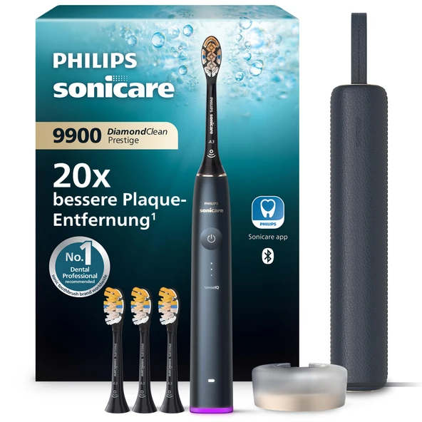 Philips Sonicare DiamondClean 9900 Prestige elektrikli diş fırçası, SenseIQ teknolojisi ve uygulamasıyla, 5 fırçalama modu, 3 yoğunluk seviyesi, şarj kutusu, koyu mavi, model HX9992/45 ürün görseli 1