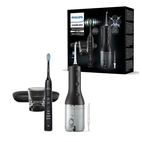 Philips Sonicare Kablosuz Power Flosser Ağız Sulama Cihazı ve DiamondClean 9000 Elektrikli Diş Fırçası - Temiz Dişler, Temiz Diş Etleri ve Plak Temizleme, Siyah (Model HX3886/43) ürün görseli 1