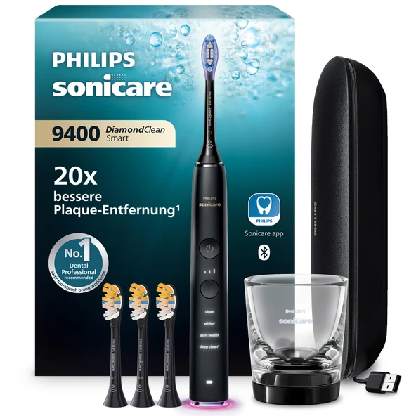Philips Sonicare DiamondClean Smart 9400 elektrikli diş fırçası, uygulamalı sonik diş fırçası, basınç sensörü, fırça başlığı algılama, 4 fırçalama modu ve 3 yoğunluk seviyesi, siyah, model HX9918/89 ürün görseli 1