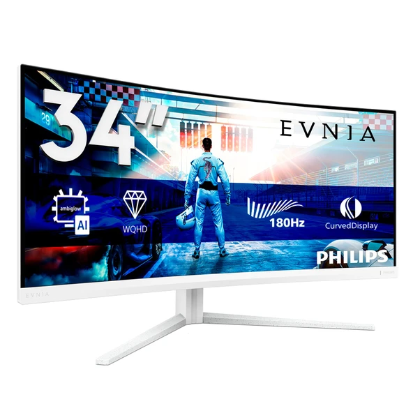 Philips Evnia 34M2C5501A - 34 inç WQHD Kavisli Oyun Monitörü, 180 Hz, 1 ms, FreeSync Premium, Ambiglow (3440x1440, 2X HDMI 2.0, 1x DisplayPort 1.4, USB Hub) Beyaz ürün görseli 1