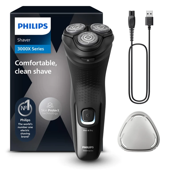 Philips Shaver Series 3000X - Siyah Erkekler için Elektrikli Tıraş Makinesi, Islak ve Kuru Tıraş, SkinProtect Teknolojisine Sahip, Katlanır Sakal Düzeltici (Model X3001/00) ürün görseli 1