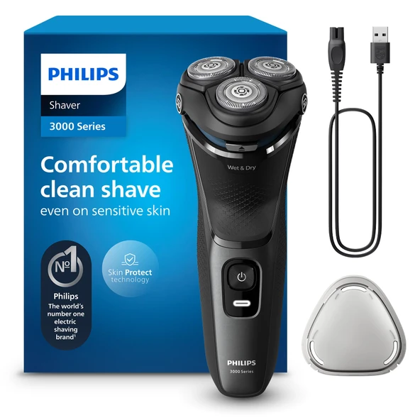 Philips Shaver Series 3000 - Erkekler için elektrikli tıraş makinesi: ıslak ve kuru tıraş, SkinProtect teknolojisiyle, antrasit, katlanabilir sakal düzelticiyle, kablosuz (S3145/00) ürün görseli 1