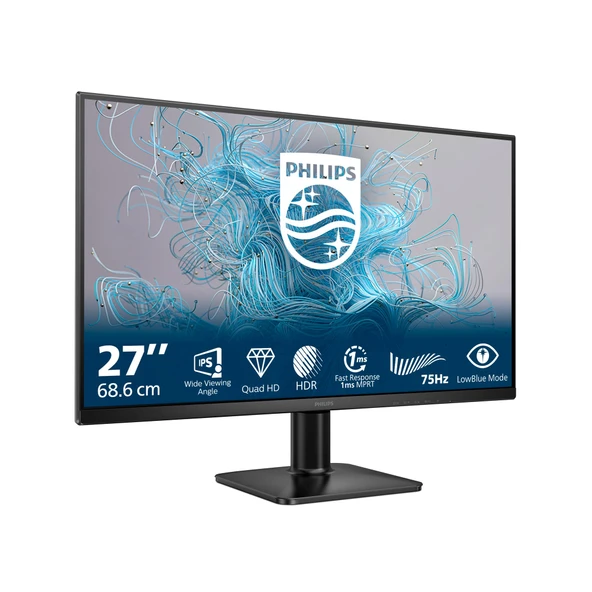 Philips 27E2N1500L 27 inç QHD monitör, 75Hz, IPS, 1ms MPRT Adaptive Sync HDR10 yükseklik ayarı (2560x1440, HDMI 1x1.4, DP 1x 1.4) siyah ürün görseli 1