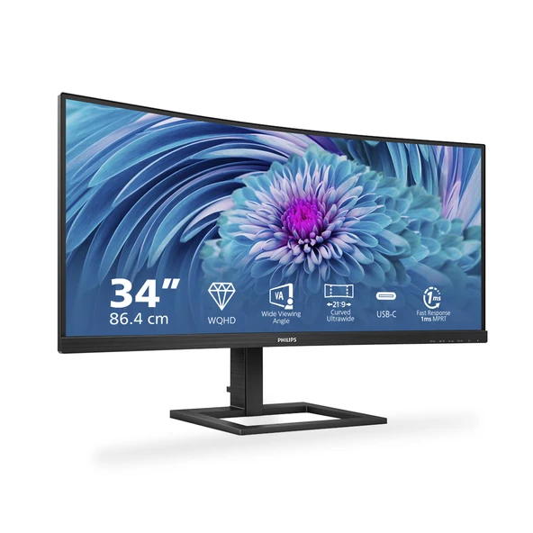 Philips 346E2CUAE - 34 inç WQHD Kavisli USB-C Bağlantı Monitörü (3440x1440, 75 Hz, HDMI, DisplayPort, USB-C) siyah ürün görseli 1