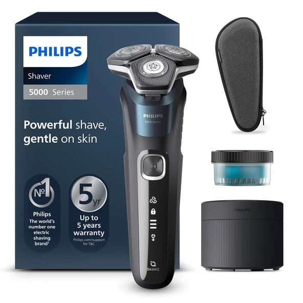 Philips Shaver 5000 - Erkekler için elektrikli tıraş makinesi: SkinIQ teknolojisiyle ıslak ve kuru tıraş, katlanabilir düzeltici, taşıma çantası, temizleme istasyonu, elektrik mavisi (S5889/50) ürün görseli 1