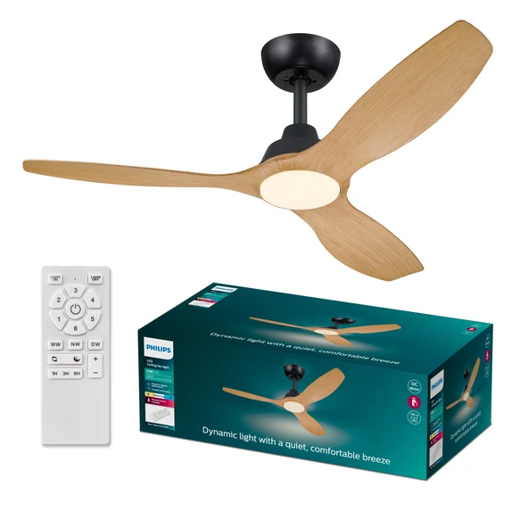 Philips Olas tavan vantilatörü, 3 kanatlı, 132 cm çap, DC motor, renk sıcaklığı aralığı (3000K-4300K-6500K), kısılabilir, uzaktan kumanda dahil, siyah/ahşap ürün görseli 1