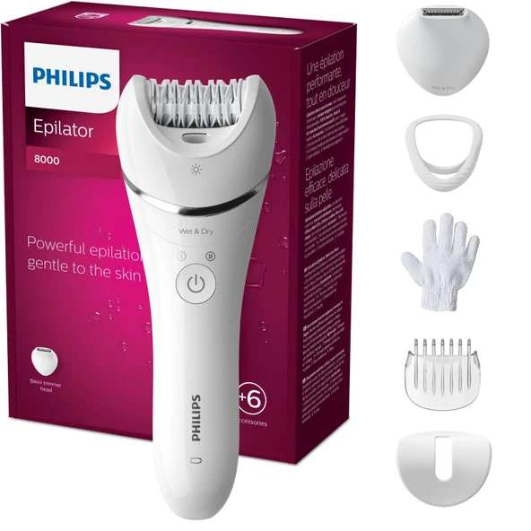 Philips Epilatör Serisi 8000, bacaklar ve vücut için kablosuz ıslak ve kuru epilatör, tüy alma cihazı, 6 aksesuarlı, model BRE715/00 ürün görseli 1